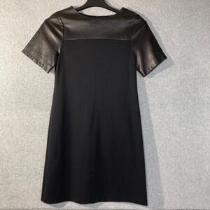 Ann Taylor Faux Leather Mixed Media Dress Women's Sz 2 Black Short Sleeve EUC